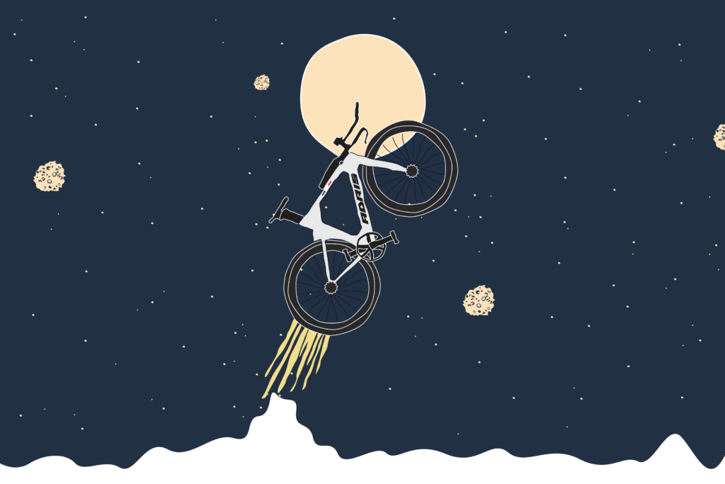 Illustration d'un vélo qui vole dans le cosmos devant une pleine lune